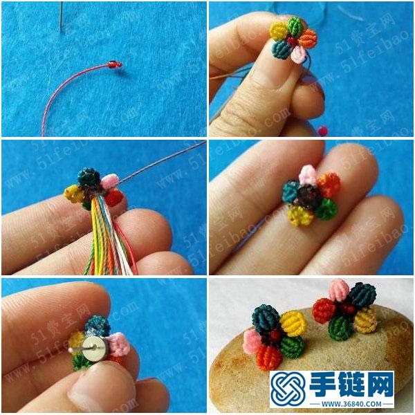 中國結耳釘的方法步驟_五色小花耳釘手工編織教程 